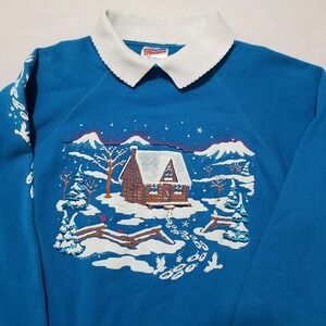Vintage Hanes Blue Cabin Winter Scene Graphic Sweatshirt White‎ Collar Medium